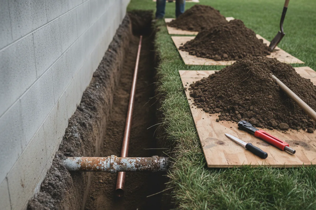 Excavated water line trench during Water Softener Installation in Camp Sherman